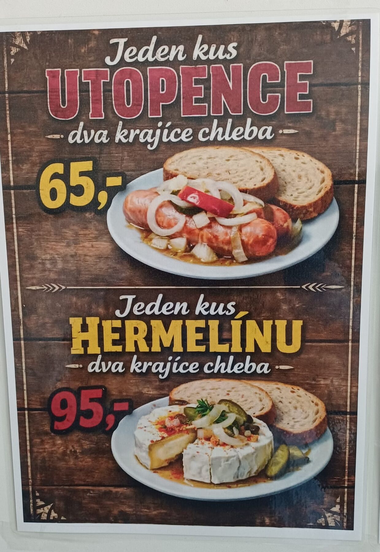 Nabídka utopence za 65 Kč a nakládaného hermelínu za 95 Kč